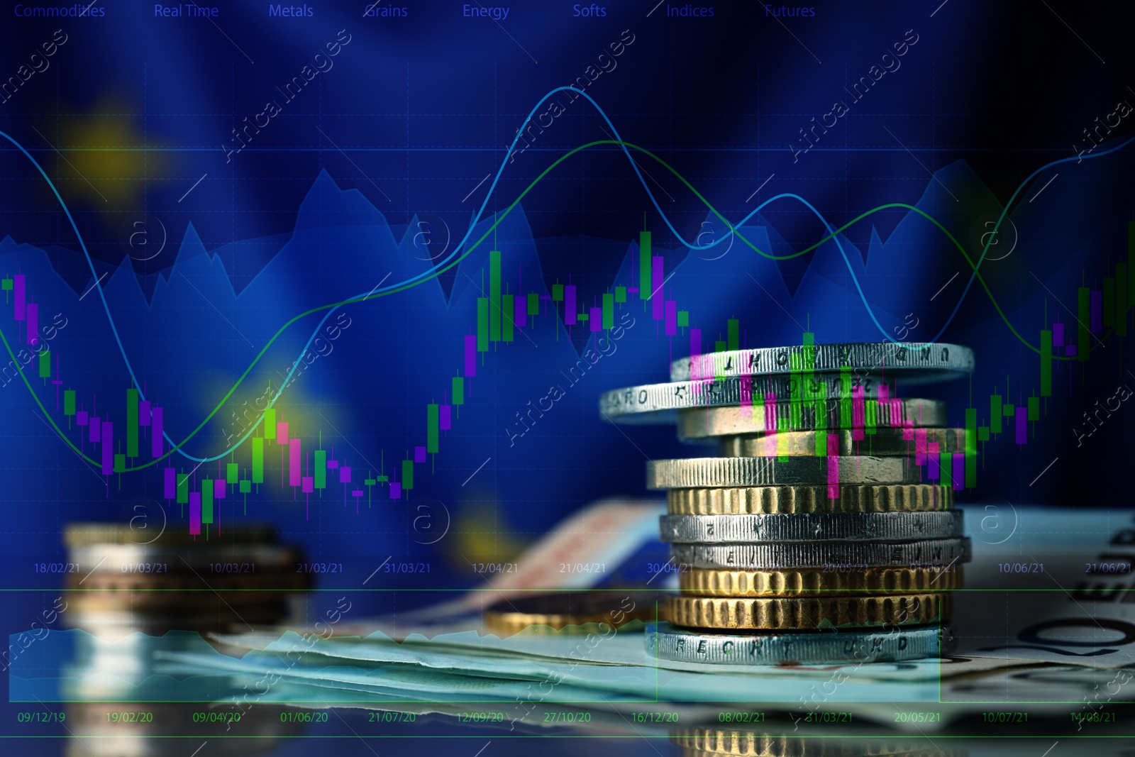 Image of Concept of bonds. Money and illustration of financial charts on blue background