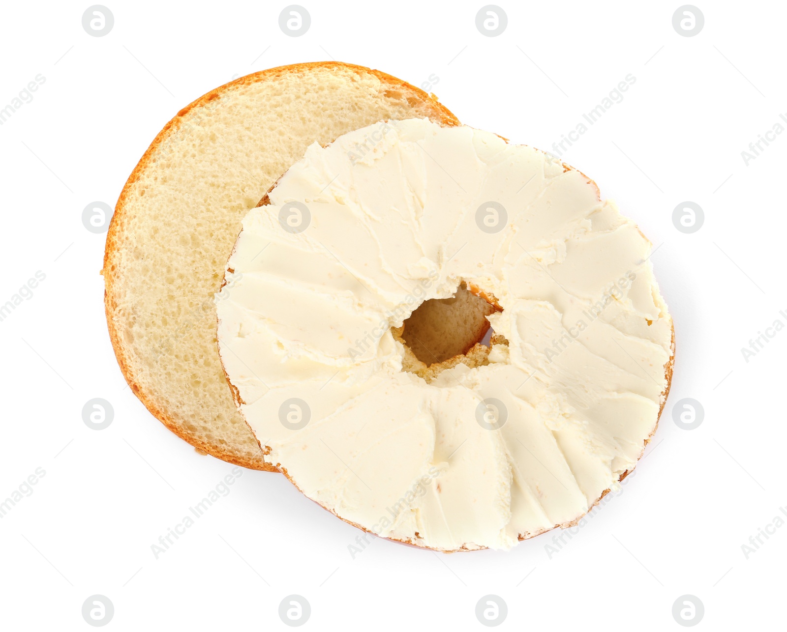 Photo of Delicious fresh bagel with cream cheese on white background, top view