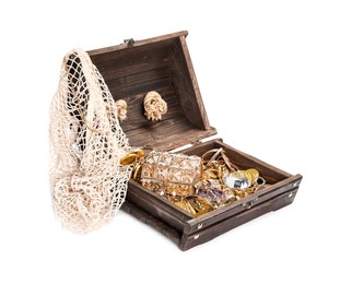 Wooden treasure chest with net, gold coins, jewelry and gemstones isolated on white