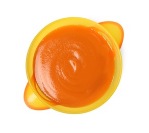 Photo of Delicious baby food in bowl isolated on white, top view