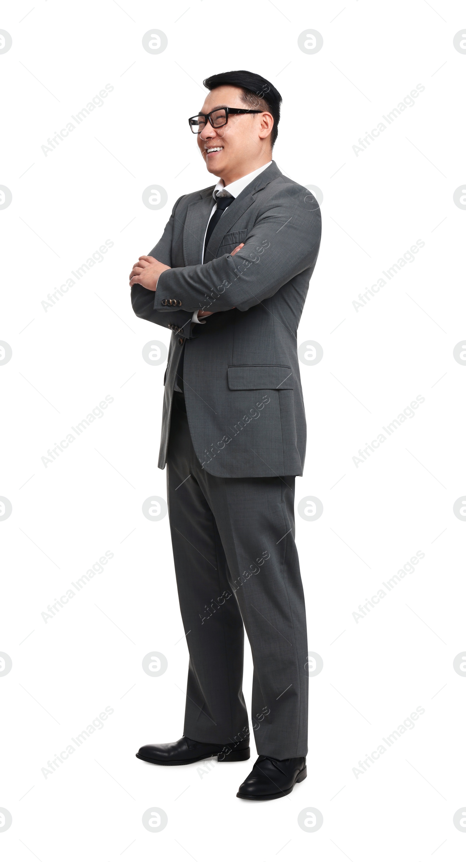 Photo of Businessman in suit wearing glasses on white background