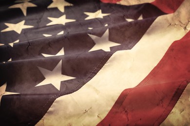 Image of Old American flag as background, closeup view. National symbol of USA