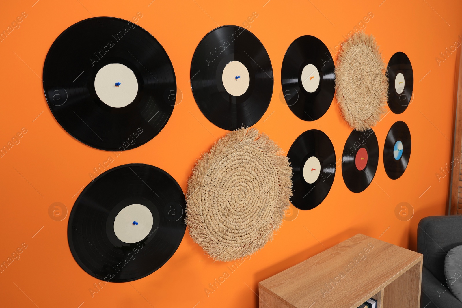 Photo of Living room interior decorated with vinyl records