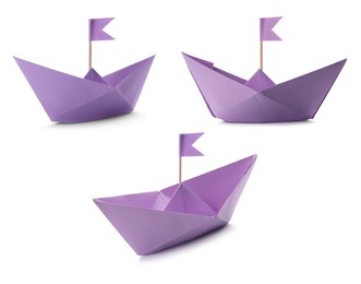 Image of Violet paper boats with flags on white background, collage