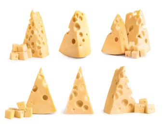 Image of Set with pieces of delicious cheese on white background 