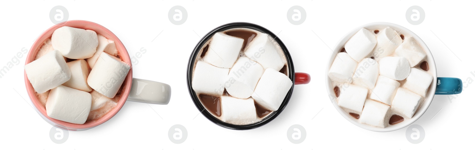 Image of Delicious hot chocolate with marshmallows in cups isolated on white, top view