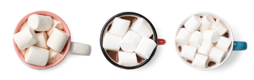 Image of Delicious hot chocolate with marshmallows in cups isolated on white, top view