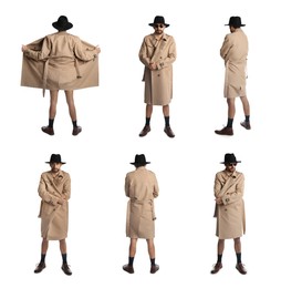 Collage with photos of exhibitionist in coat and hat on white background