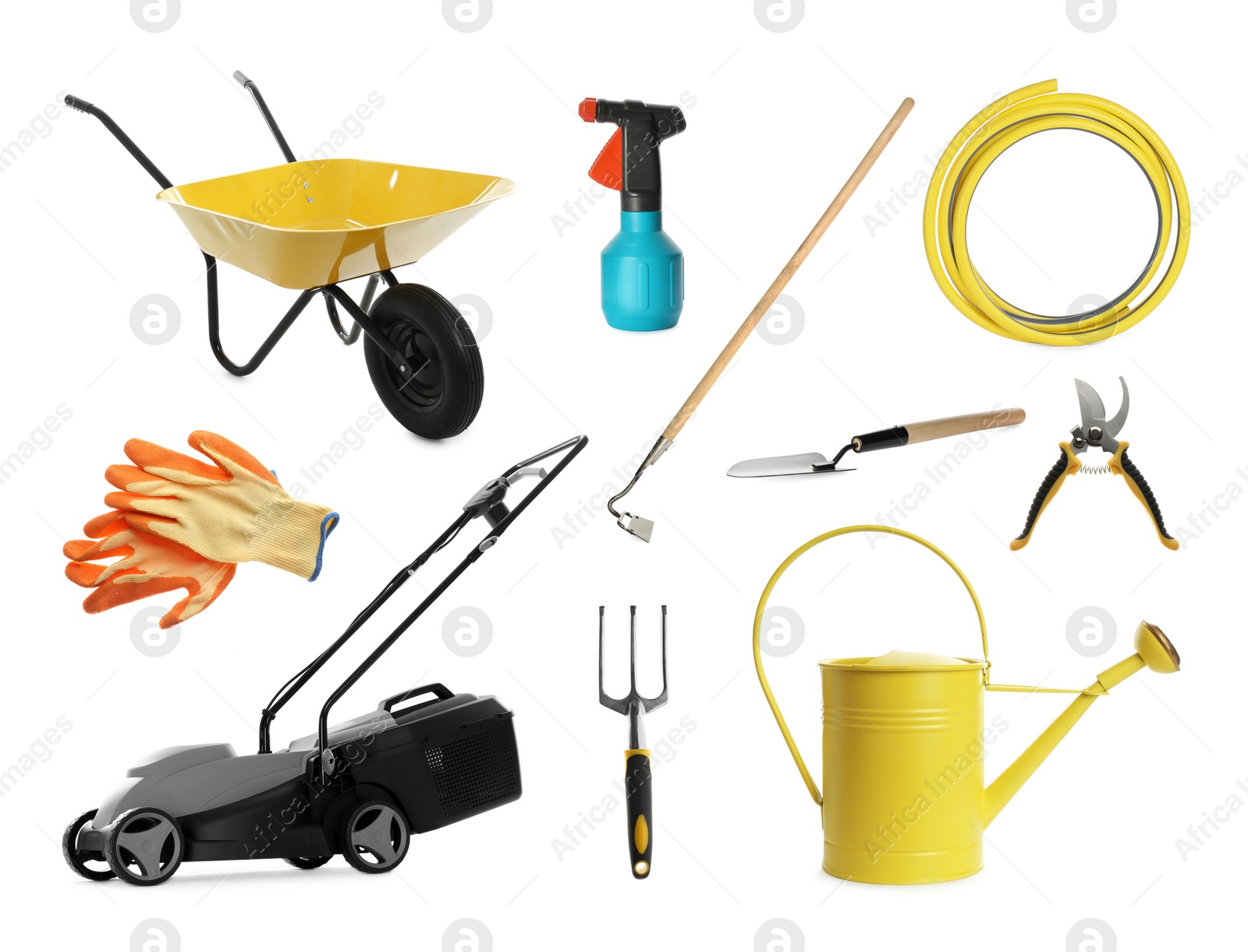 Image of Set with different gardening tools on white background