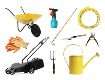 Set with different gardening tools on white background