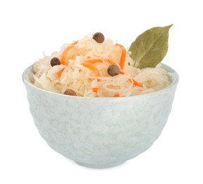 Photo of Bowl of tasty sauerkraut with carrot, peppercorns and bay leaf on white background