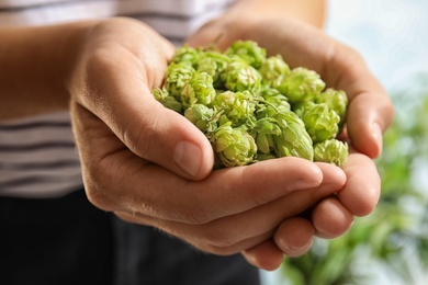 Photo of Woman holding fresh green hops, closeup. Beer production