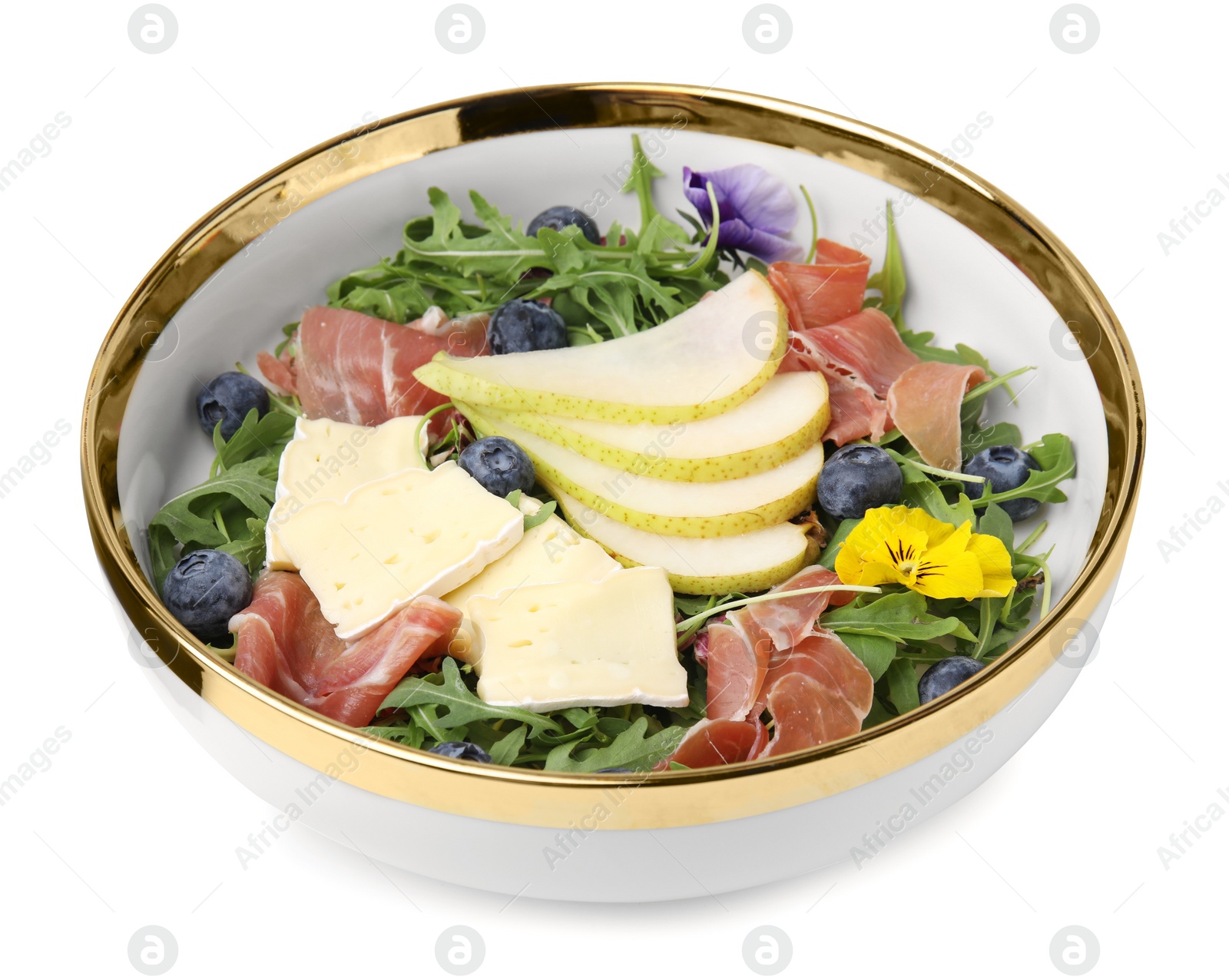 Photo of Tasty salad with brie cheese, prosciutto, blueberries and pear isolated on white