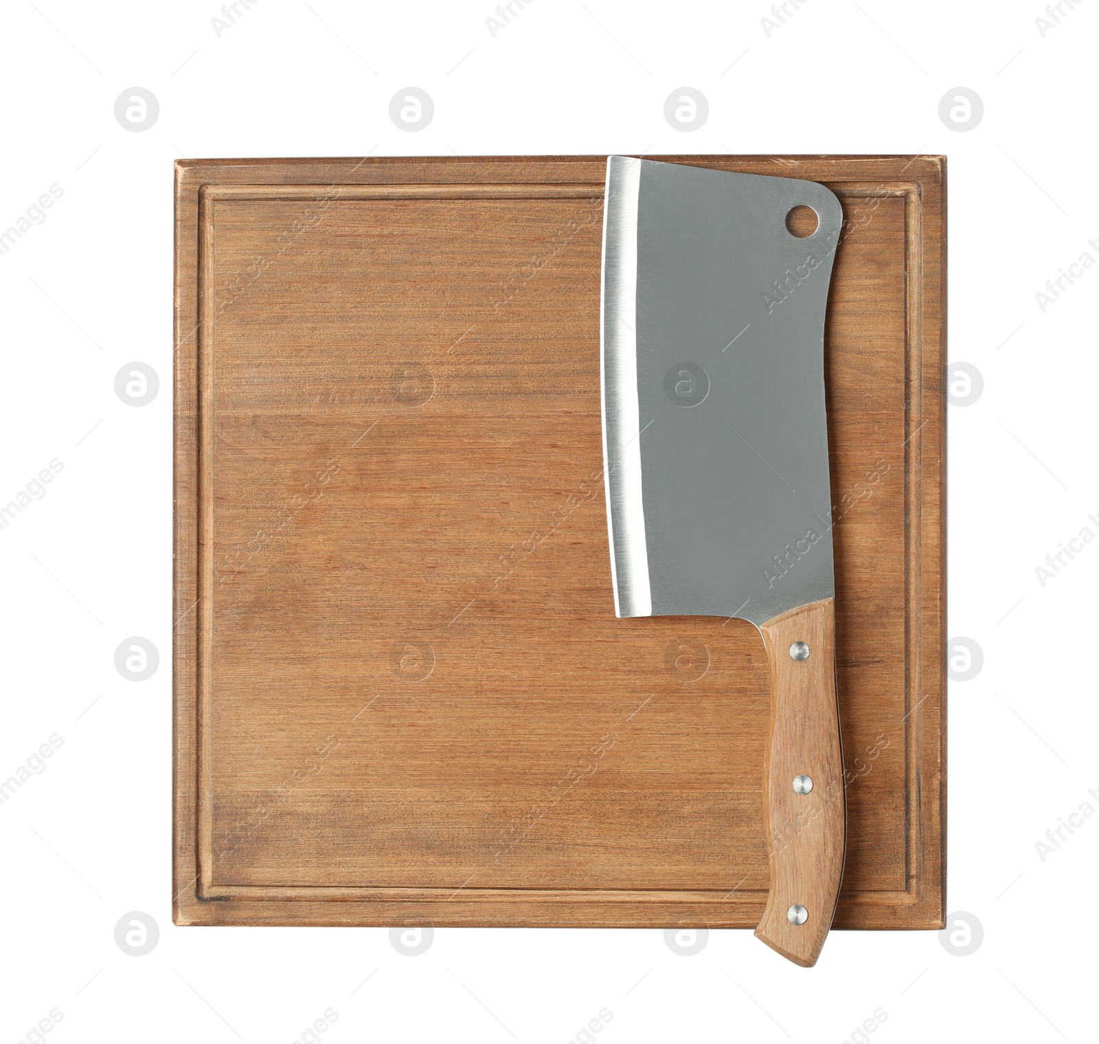 Photo of Sharp cleaver knife with wooden board isolated on white, top view