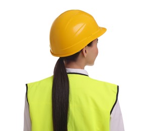 Engineer in hard hat on white background, back view