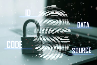 Image of Fingerprint identification. Metal lock and laptop, closeup