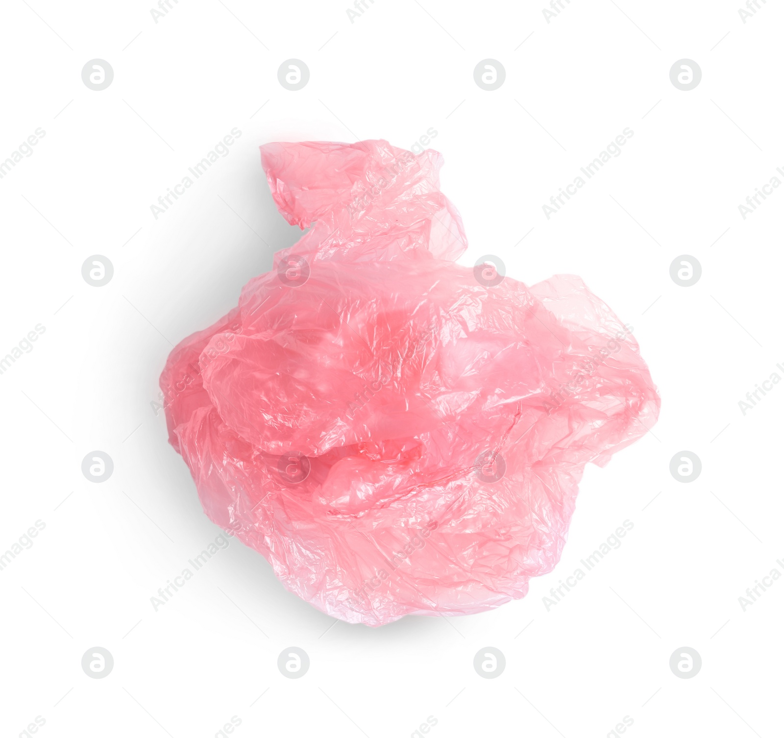 Photo of Crumpled plastic bag isolated on white, top view