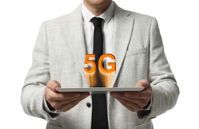Image of Man using tablet with 5G network system on white background, closeup