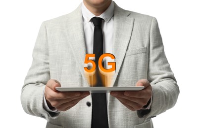 Man using tablet with 5G network system on white background, closeup