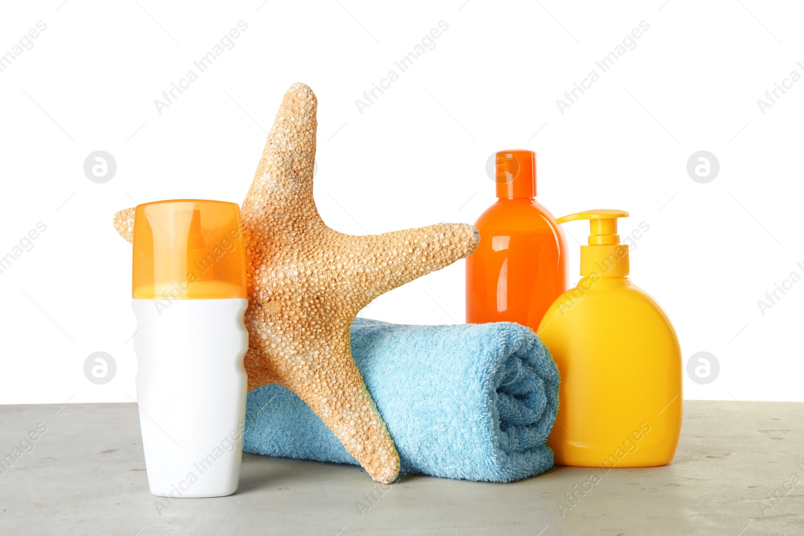 Photo of Composition with sun protection products on white background. Body care