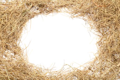 Photo of Frame made of dried hay on white background, top view. Space for text