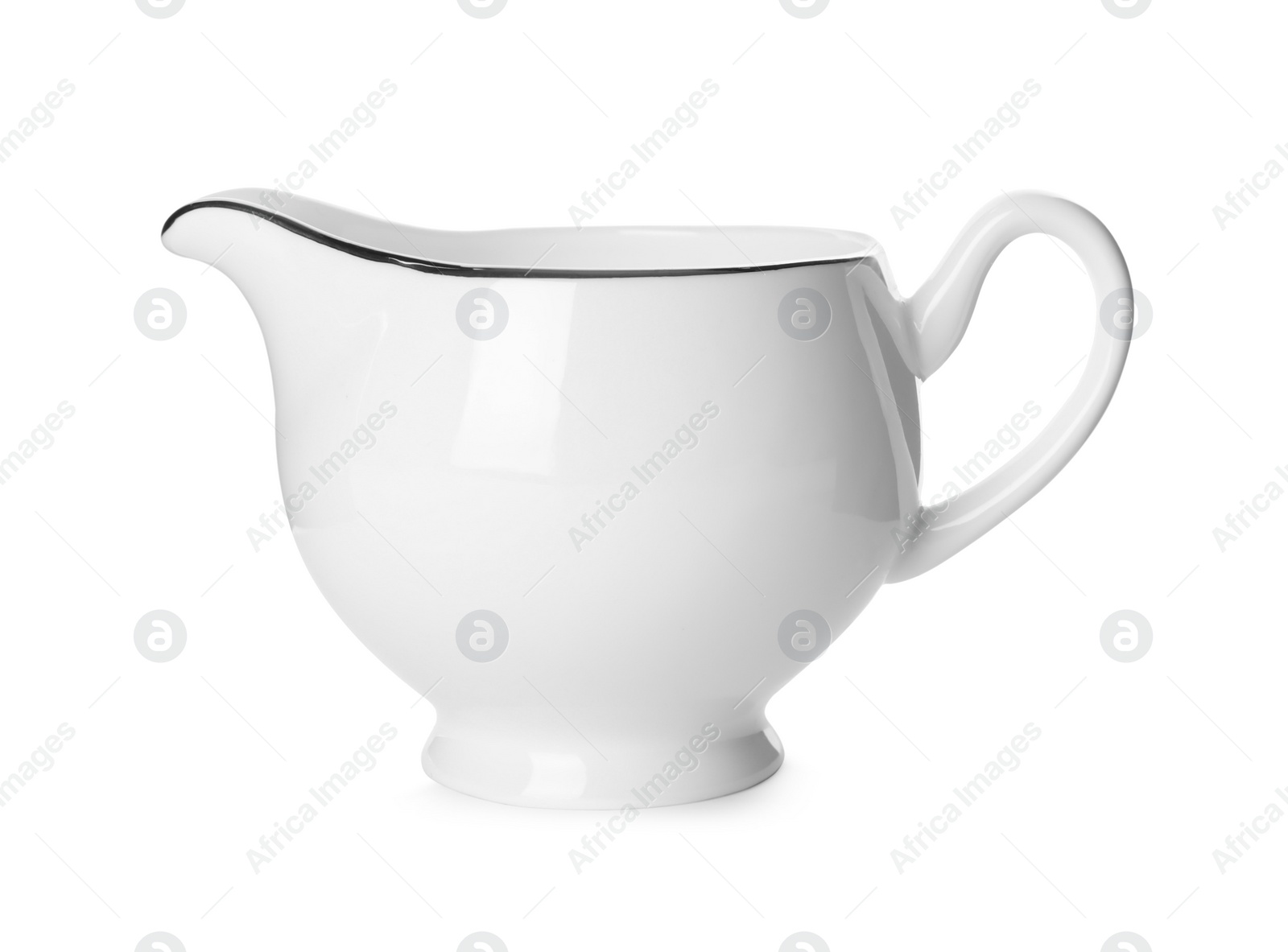 Photo of New ceramic sauce boat isolated on white. Tableware