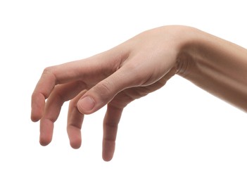 Man holding something in hand on white background, closeup