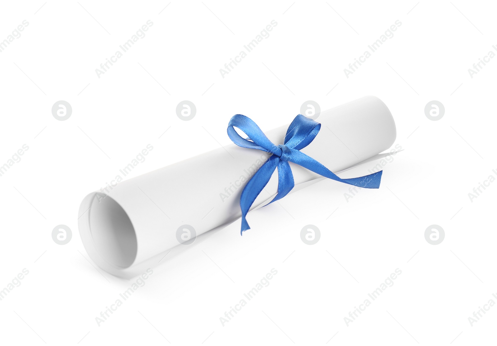 Photo of Rolled student's diploma with light blue ribbon isolated on white