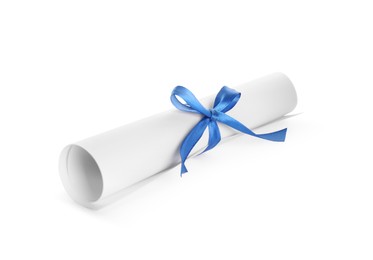 Photo of Rolled student's diploma with light blue ribbon isolated on white