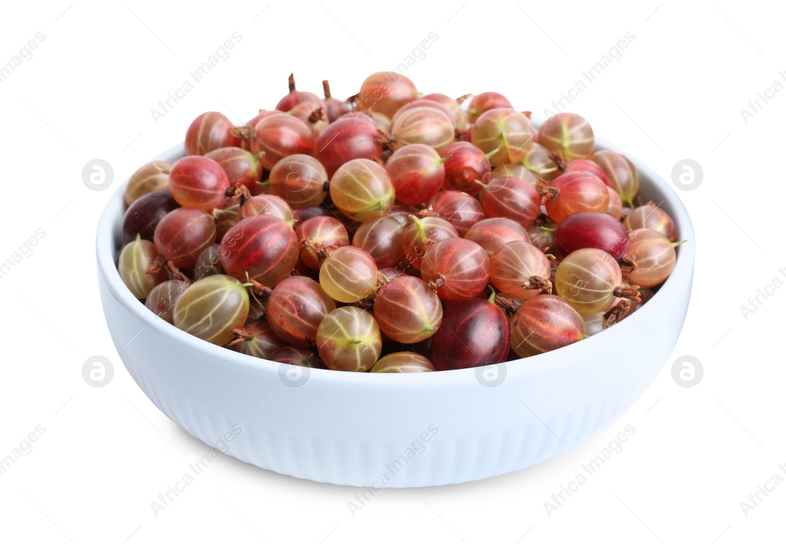 Photo of Ceramic bowl full of ripe gooseberries isolated on white