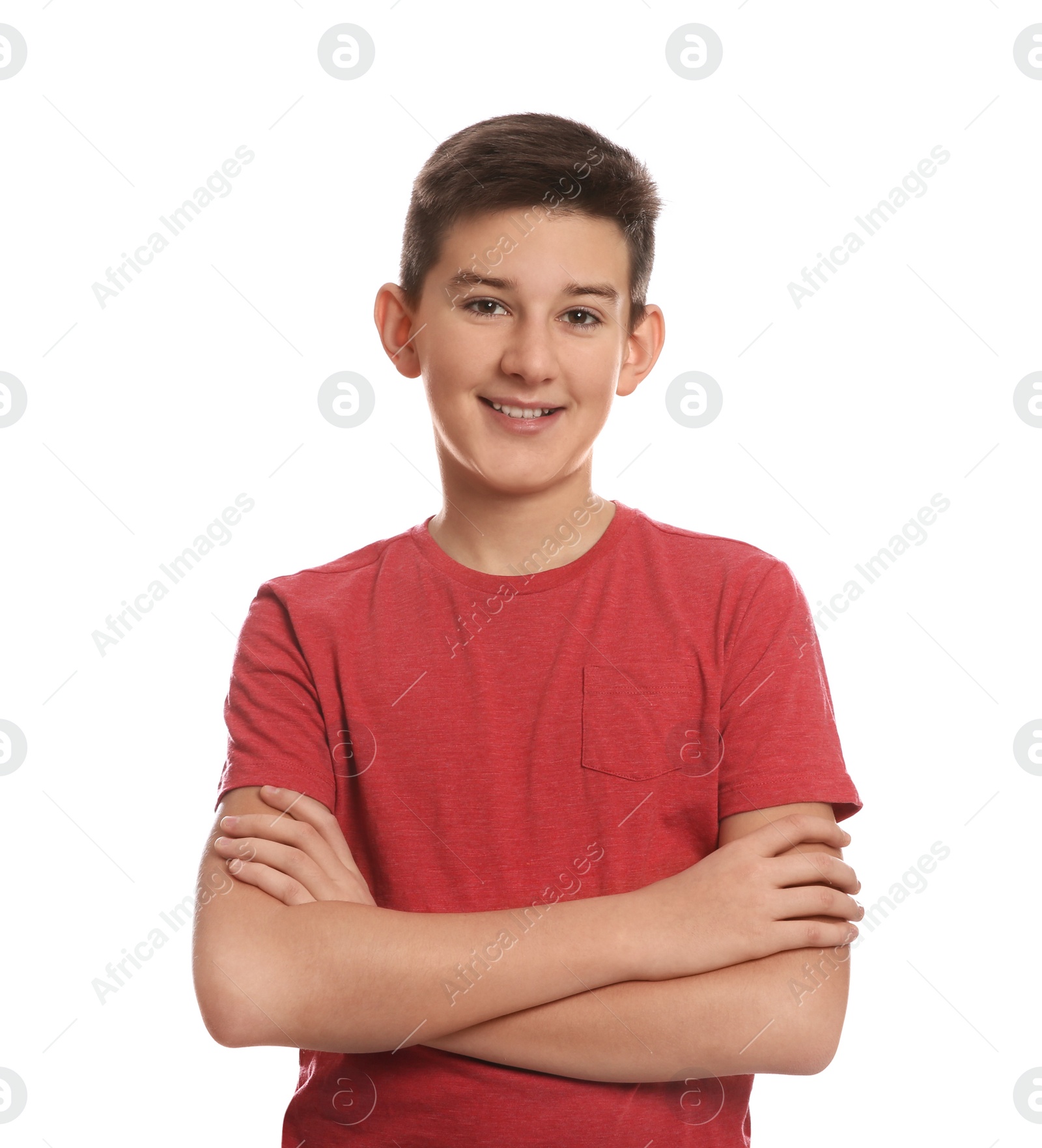 Photo of Portrait of happy teenage boy on white background