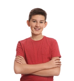 Photo of Portrait of happy teenage boy on white background