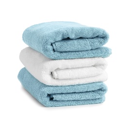 Stack of clean soft towels on white background