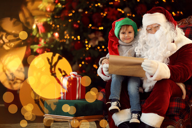 Photo of Santa Claus and little boy near Christmas tree indoors