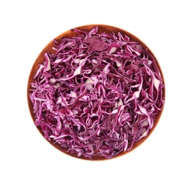 Plate with chopped red cabbage on white background, top view