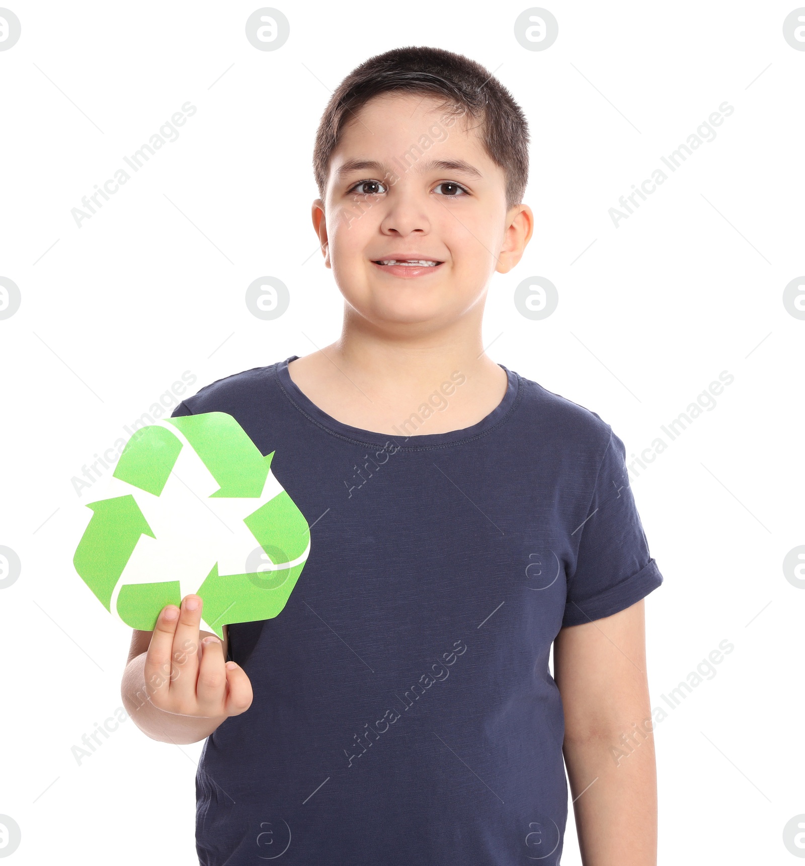 Photo of Boy with recycling symbol on white background