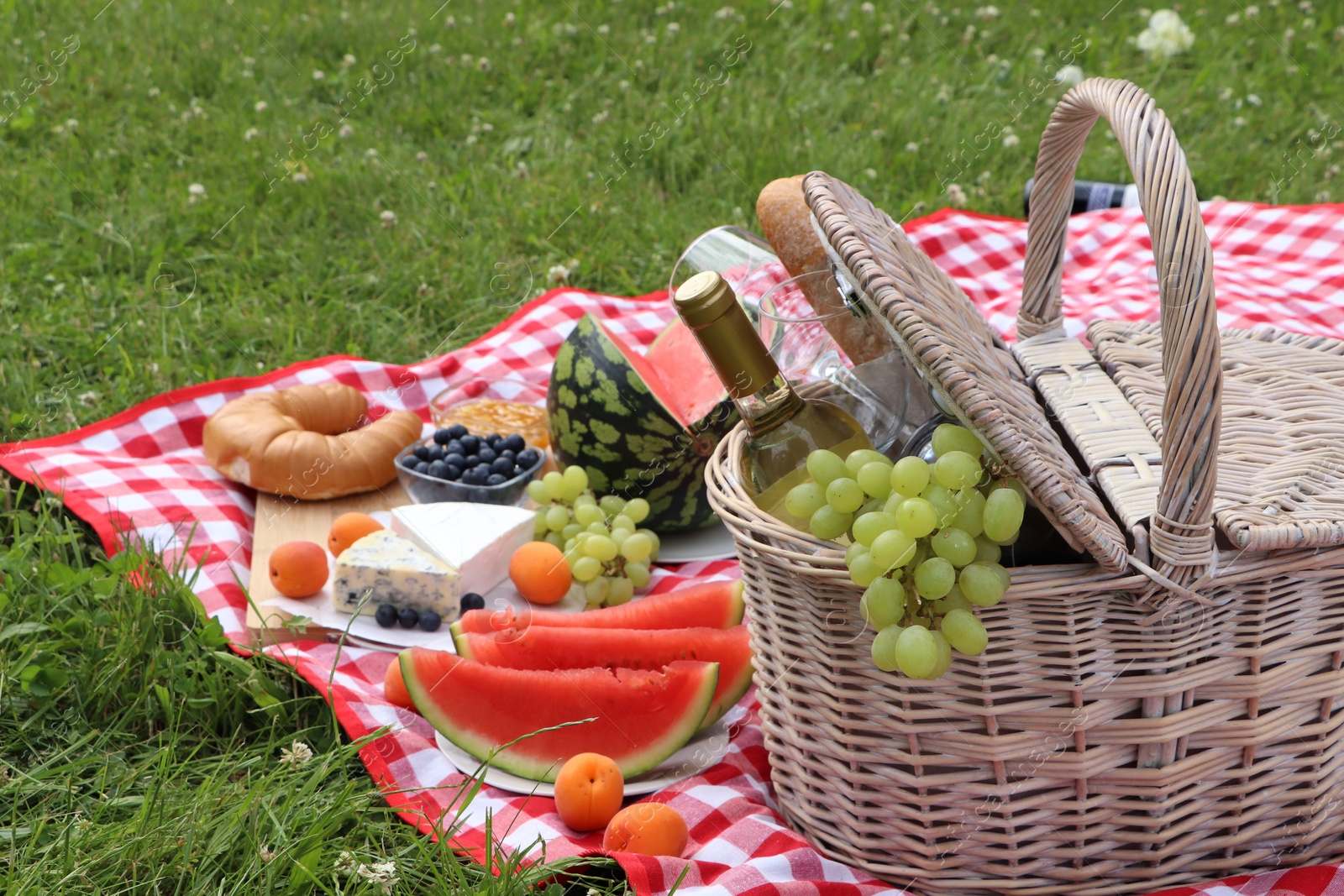 Photo of Picnic blanket with delicious food and wine outdoors on summer day