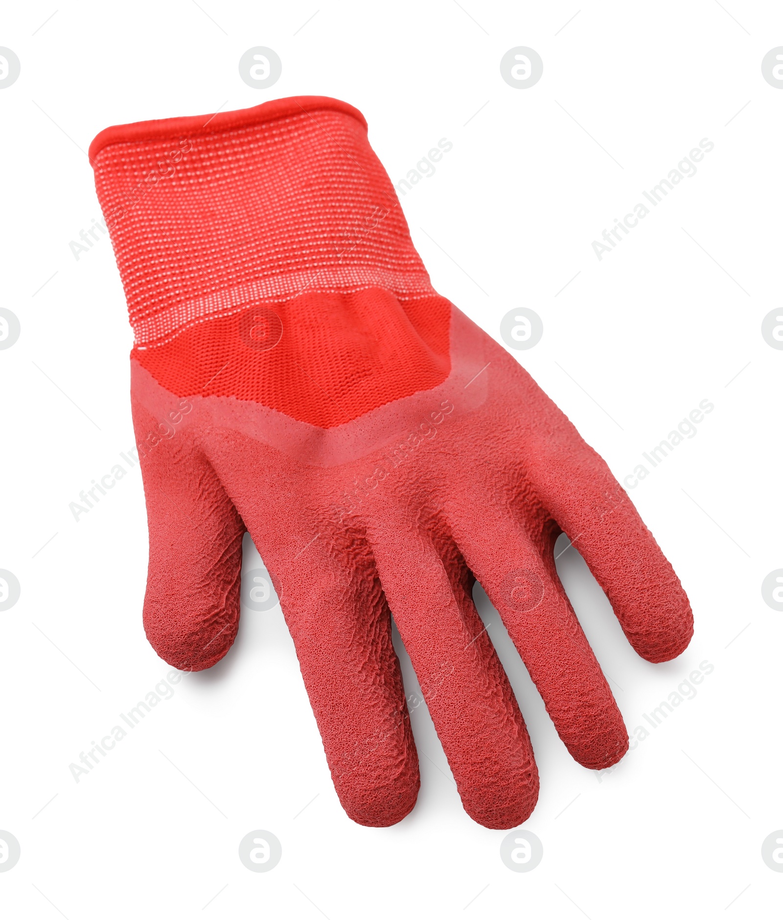 Photo of One red gardening glove isolated on white