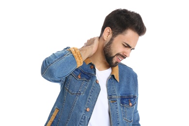 Photo of Man suffering from neck pain on white background