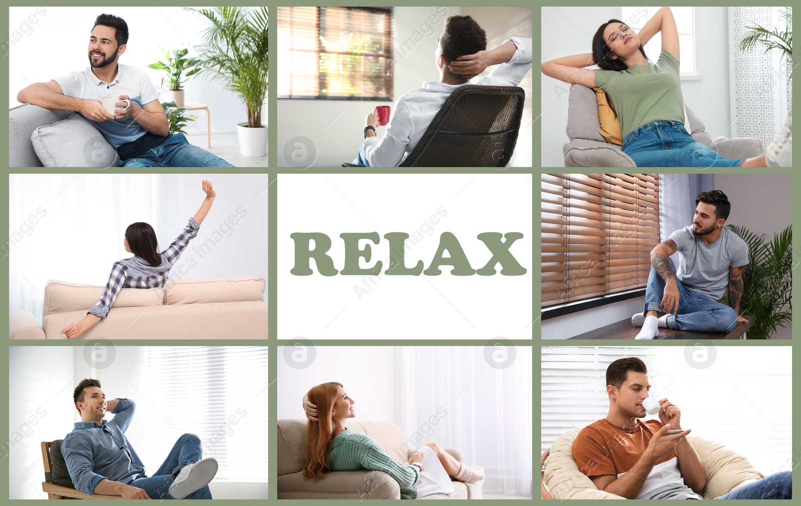 Image of Collage of different people resting indoors and word Relax