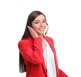Young woman talking by phone through headset on white background
