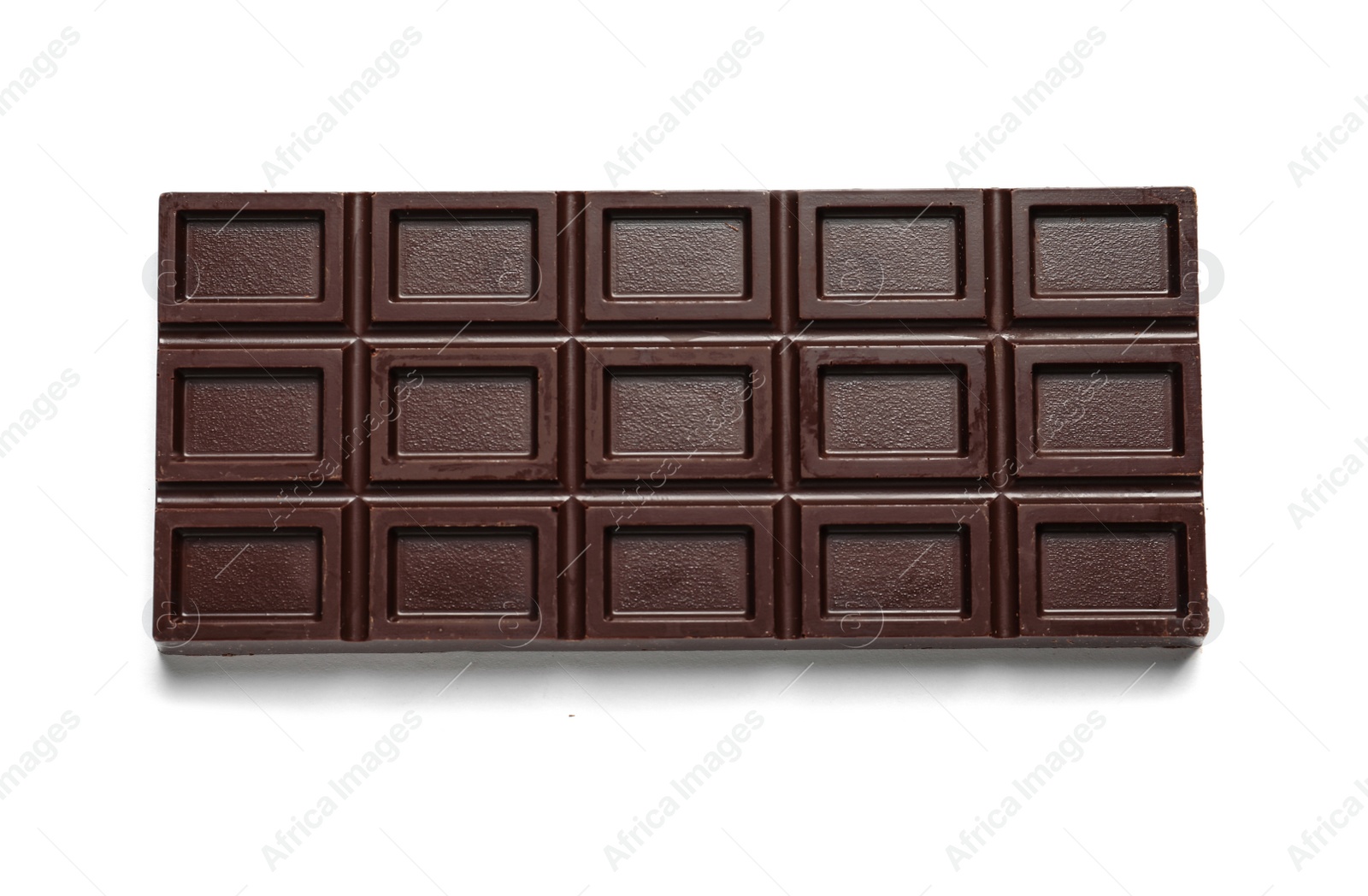 Photo of Tasty dark chocolate bar on white background, top view
