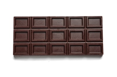 Tasty dark chocolate bar on white background, top view