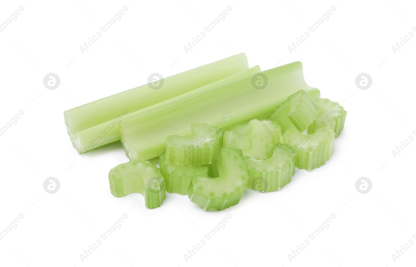 Photo of Fresh cut celery stalks on white background