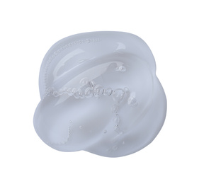 Sample of transparent cosmetic gel on white background, top view