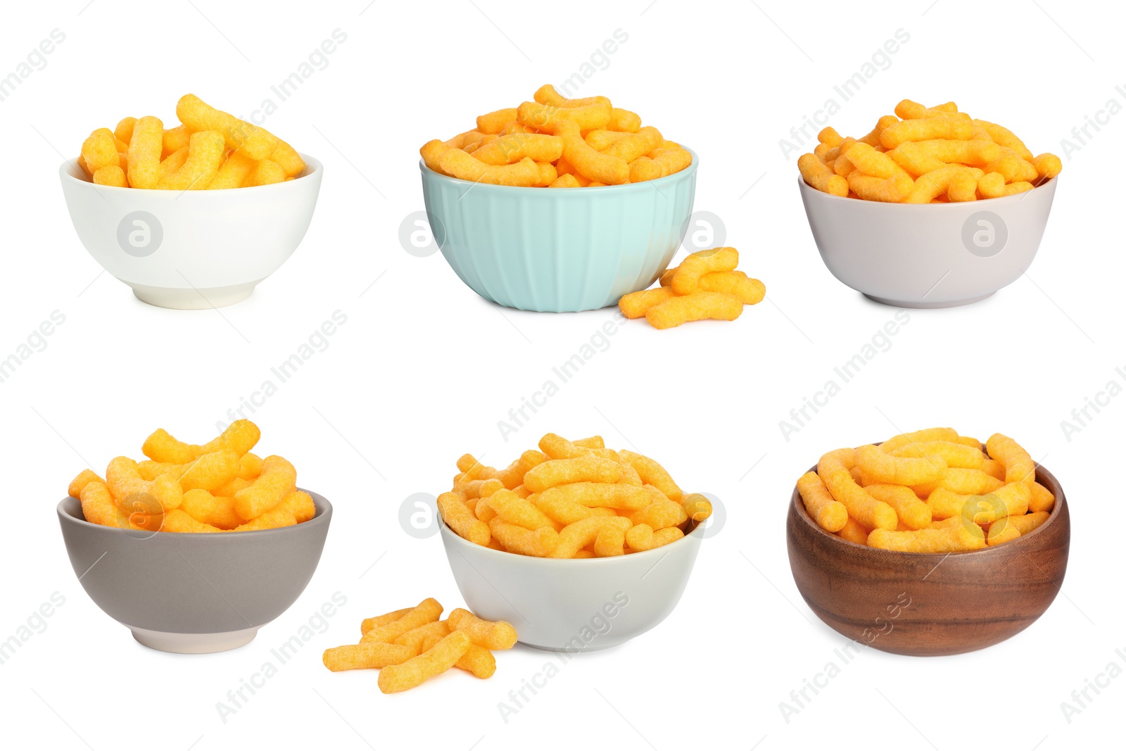 Image of Bowls with tasty corn sticks on white background, collage design