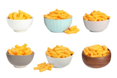 Image of Bowls with tasty corn sticks on white background, collage design