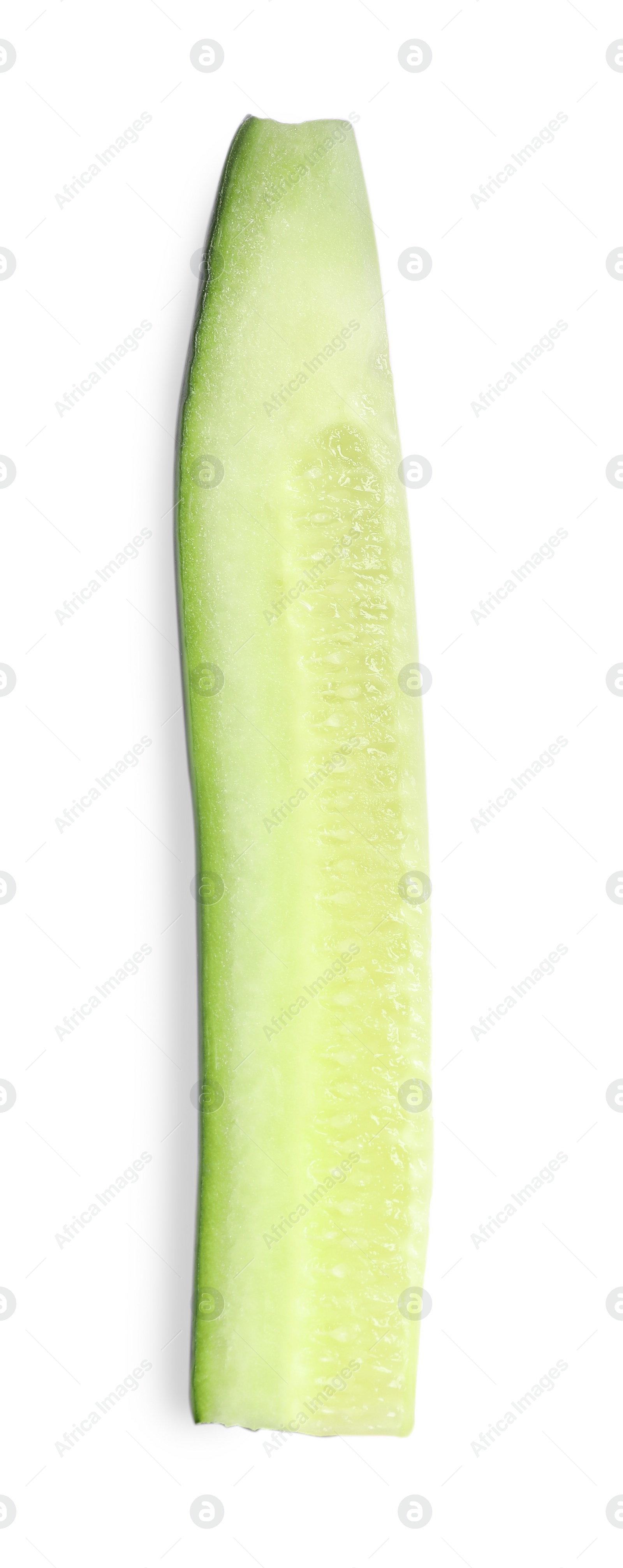 Photo of Piece of fresh cucumber isolated on white, top view