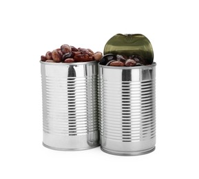 Tin cans with different kidney beans on white background