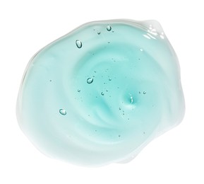 Photo of Sampleturquoise facial gel on white background, top view
